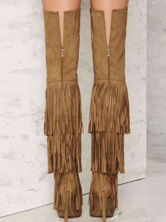 Bottes cuissardes en daim pour femmes bout pointu talon haut cuissardes à pompons