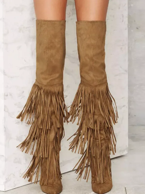 Bottes cuissardes en daim pour femmes bout pointu talon haut cuissardes à pompons