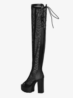 Bottes cuissardes en résille à bout ouvert et plateforme lacets et talons épais