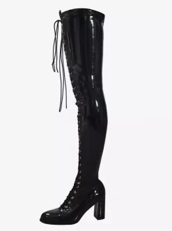 Bottes cuissardes noires pour femmes bout carré lacets talon épais cuissardes