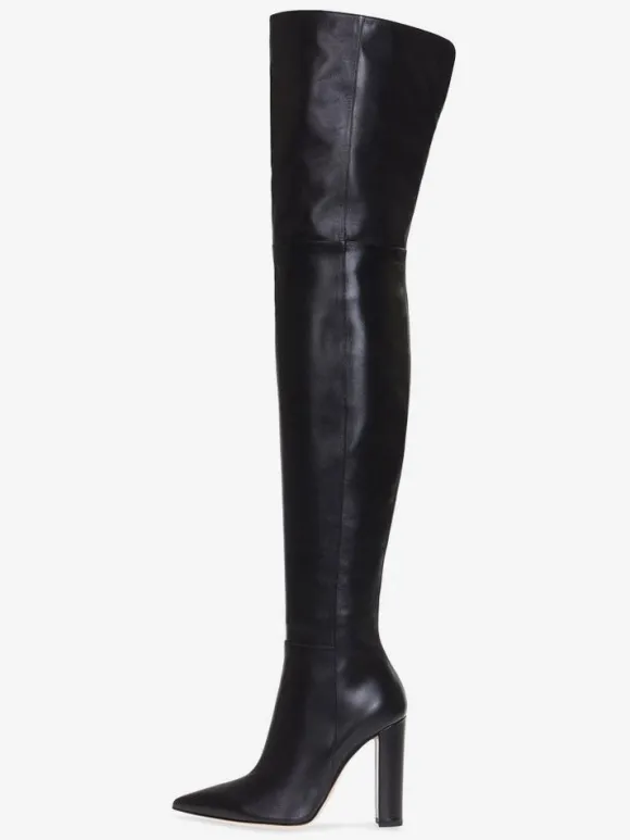 Bottes cuissardes pour femmes couleur unie bout pointu talon épais cuissardes
