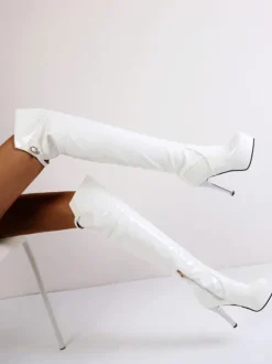 Bottes cuissardes pour femmes à talons hauts sur le genou bottes en cuir verni blanc supérieur à bout rond