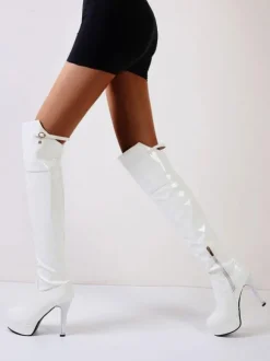 Bottes cuissardes pour femmes à talons hauts sur le genou bottes en cuir verni blanc supérieur à bout rond