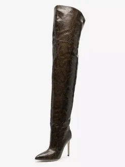 Bottes cuissardes sexy pour femmes bout pointu motif serpent talons hauts