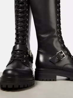 Bottes de combat noires pour femmes bottes d'équitation plates à lacets et à bout rond