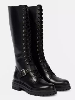 Bottes de combat noires pour femmes bottes d'équitation plates à lacets et à bout rond