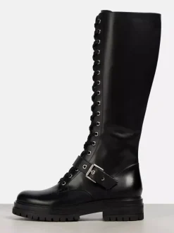 Bottes de combat noires pour femmes bottes d'équitation plates à lacets et à bout rond