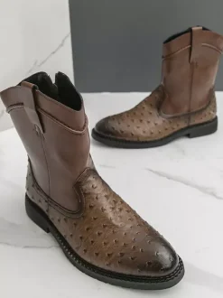 Bottes de cowboy pour hommes bottines à bout rond et talon bas à enfiler et fermeture éclair latérale