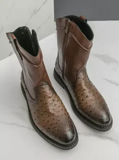 Bottes de cowboy pour hommes bottines à bout rond et talon bas à enfiler et fermeture éclair latérale