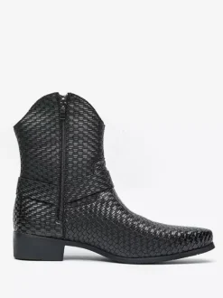 Bottes de cowboy pour hommes bottines en cuir tressé à bout pointu et à talon bas