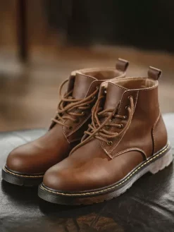 Bottes de travail pour hommes en cuir PU chic bottines courtes marron