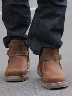 Bottes de travail pour hommes Chelsea Boots en cuir de vachette classique marron café bottines courtes