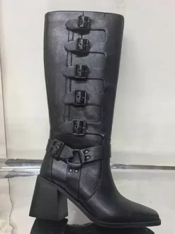 Bottes d'équitation noires pour femmes bout carré boucle talon épais bottes hautes au genou
