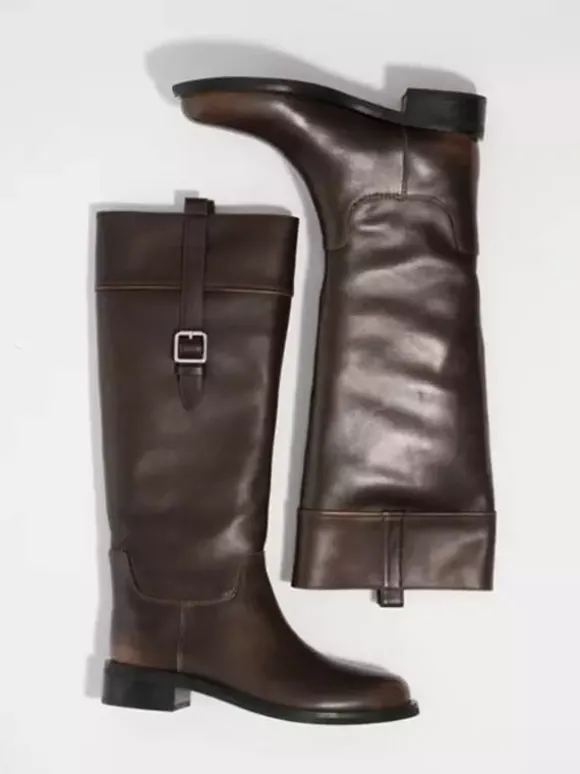 Bottes d'équitation pour femmes bout rond détail boucle bottes plates hautes au genou