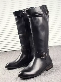 Bottes d'équitation pour homme noires en PU bout rond boucle mi-mollet