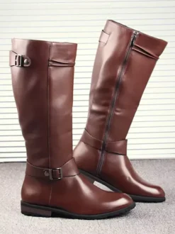 Bottes d'équitation pour homme noires en PU bout rond boucle mi-mollet