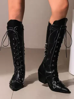 Bottes En Cuir Pu Noir À Bout Pointu Talon Épais Mi-Mollet Chaussures Femmes