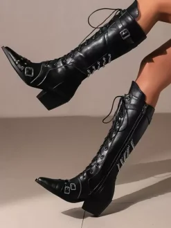 Bottes En Cuir Pu Noir À Bout Pointu Talon Épais Mi-Mollet Chaussures Femmes