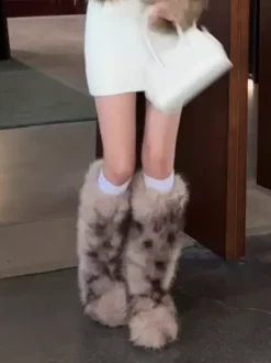 Bottes en fausse fourrure pour femmes bout rond plates montantes jusqu'aux genoux