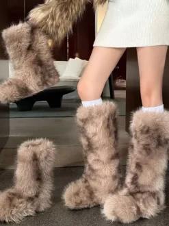 Bottes en fausse fourrure pour femmes bout rond plates montantes jusqu'aux genoux