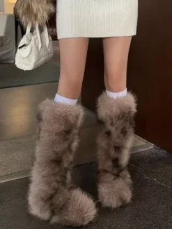 Bottes en fausse fourrure pour femmes bout rond plates montantes jusqu'aux genoux