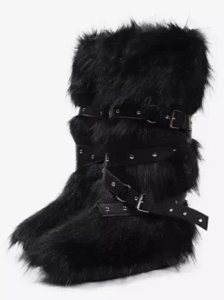 Bottes en fausse fourrure pour femmes bout rond détail boucle bottes plates hautes au genou