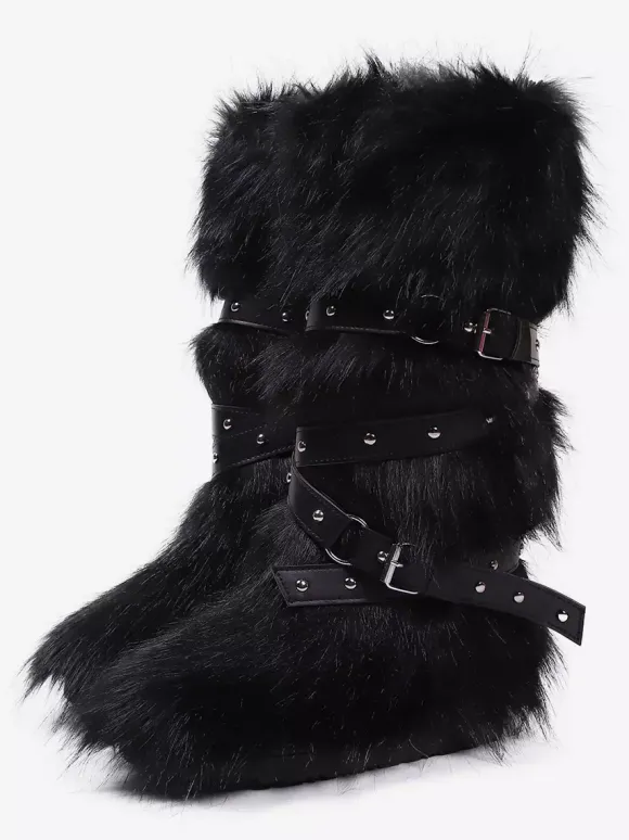 Bottes en fausse fourrure pour femmes bout rond détail boucle bottes plates hautes au genou