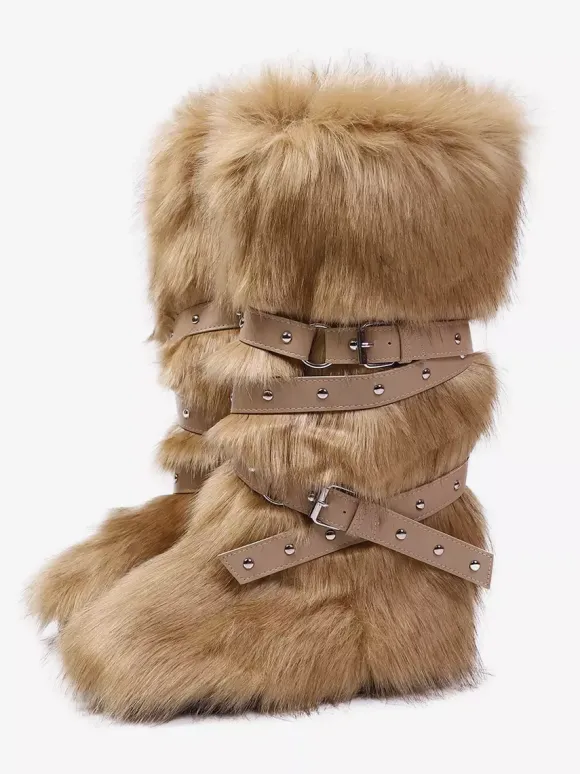 Bottes en fausse fourrure pour femmes bout rond détail boucle bottes plates hautes au genou