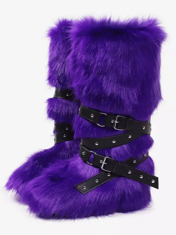 Bottes en fausse fourrure pour femmes bout rond détail boucle bottes plates hautes au genou