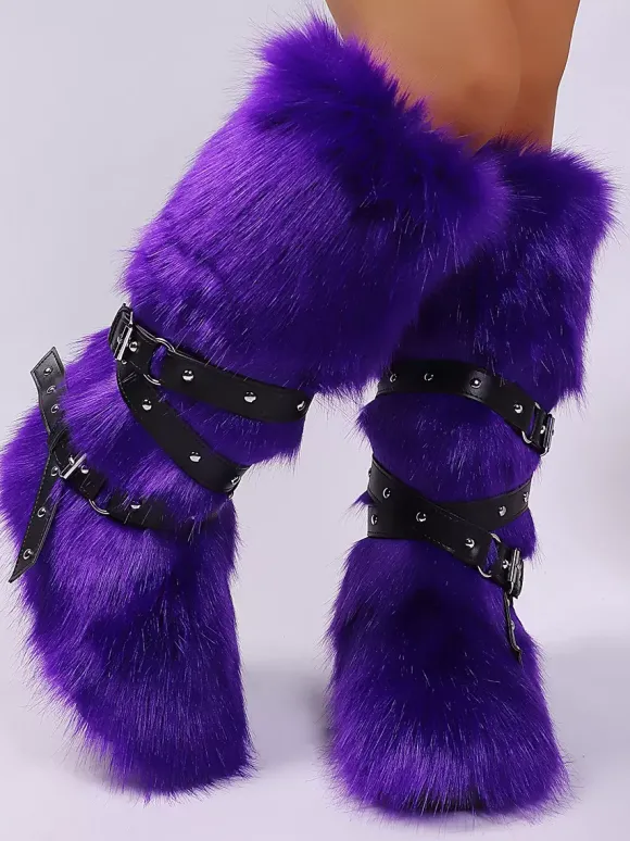 Bottes en fausse fourrure pour femmes bout rond détail boucle bottes plates hautes au genou
