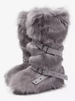 Bottes en fausse fourrure pour femmes bout rond détail boucle bottes plates hautes au genou