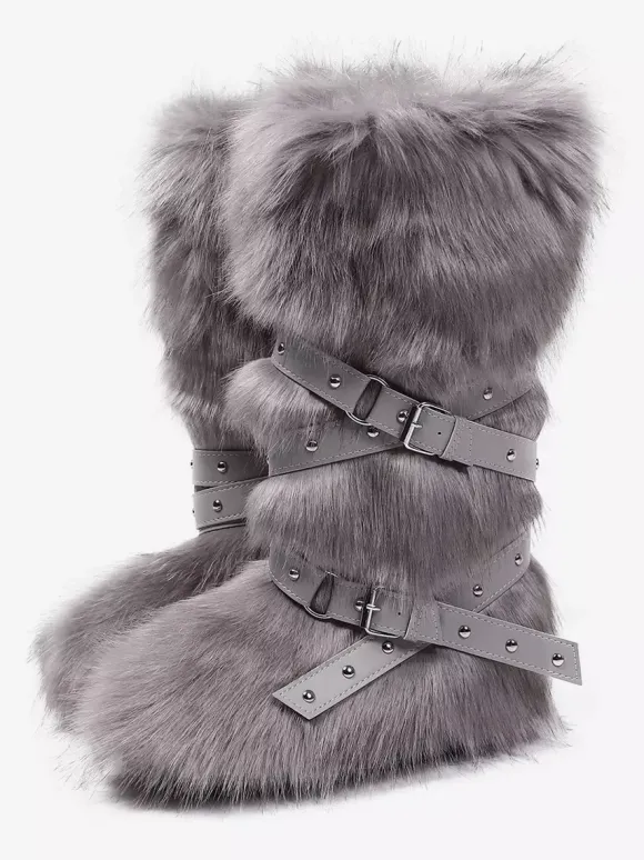 Bottes en fausse fourrure pour femmes bout rond détail boucle bottes plates hautes au genou