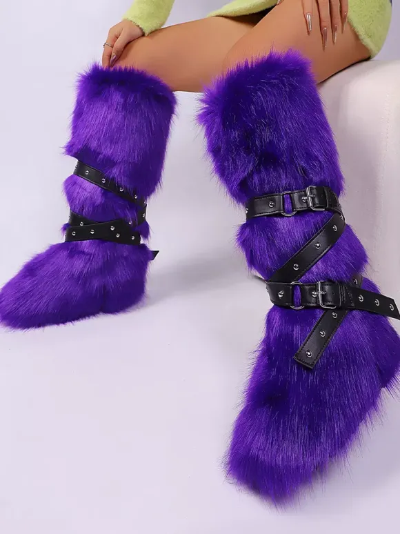 Bottes en fausse fourrure pour femmes bout rond détail boucle bottes plates hautes au genou