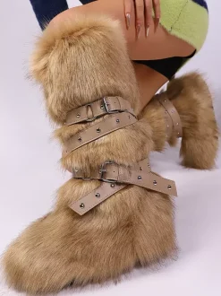 Bottes en fausse fourrure pour femmes bout rond détail boucle bottes plates hautes au genou
