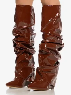 Bottes femme hautes métallisées argentées à bout pointu talon compensé pliable