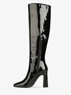 Bottes Gogo hautes en cuir noir à bout carré et talon épais bottes à talons hauts jusqu'aux genoux pour femmes