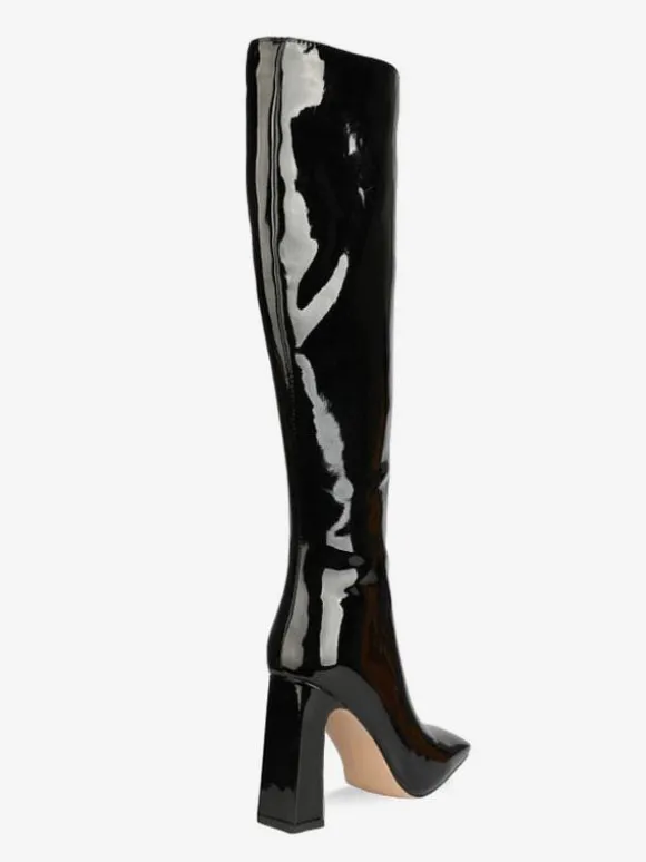 Bottes Gogo hautes en cuir noir à bout carré et talon épais bottes à talons hauts jusqu'aux genoux pour femmes