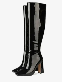 Bottes Gogo hautes en cuir noir à bout carré et talon épais bottes à talons hauts jusqu'aux genoux pour femmes