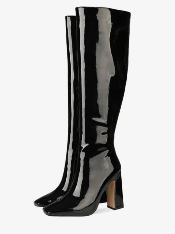 Bottes Gogo hautes en cuir noir à bout carré et talon épais bottes à talons hauts jusqu'aux genoux pour femmes