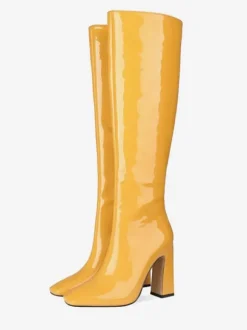 Bottes Gogo hautes en cuir noir à bout carré et talon épais bottes à talons hauts jusqu'aux genoux pour femmes