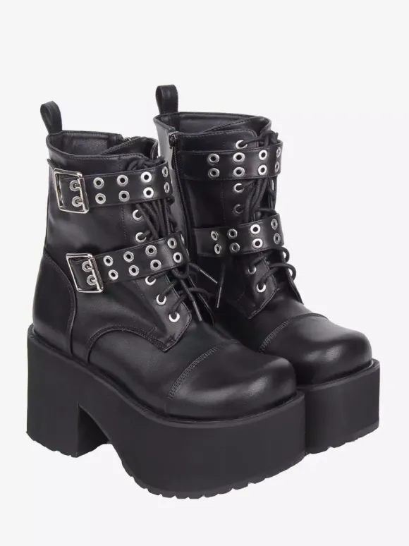 Bottes Gothic Lolita en cuir PU noir à bout rond et talon épais