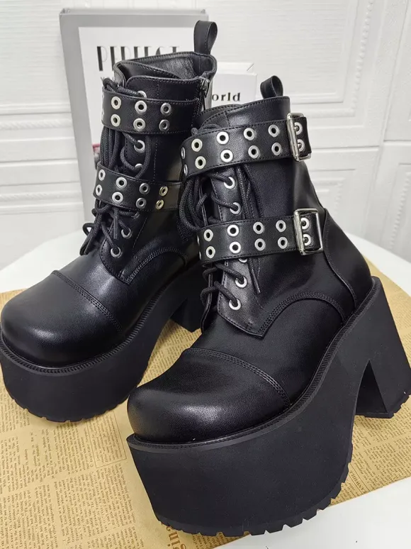 Bottes Gothic Lolita en cuir PU noir à bout rond et talon épais