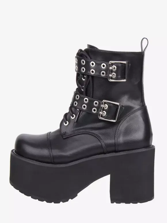 Bottes Gothic Lolita en cuir PU noir à bout rond et talon épais