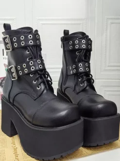 Bottes Gothic Lolita en cuir PU noir à bout rond et talon épais