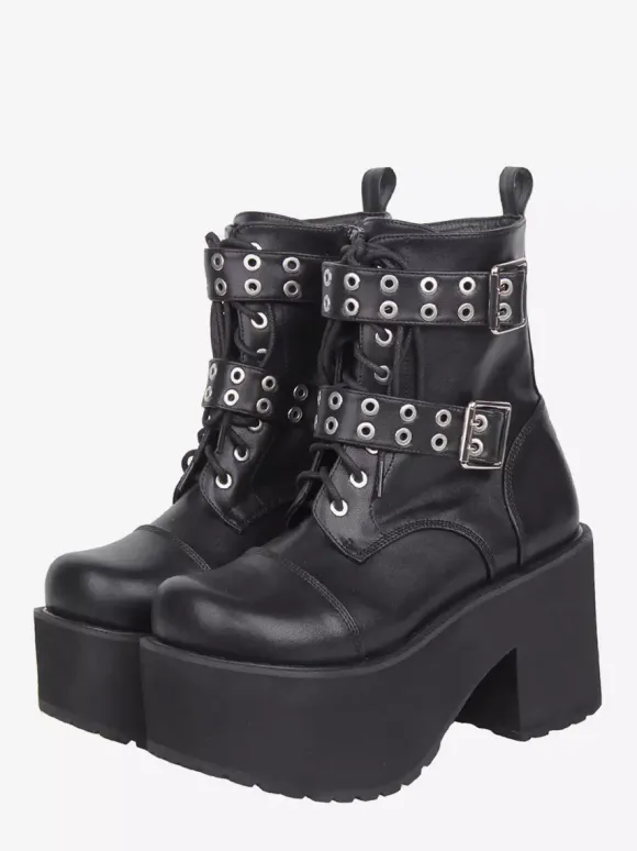 Bottes Gothic Lolita en cuir PU noir à bout rond et talon épais
