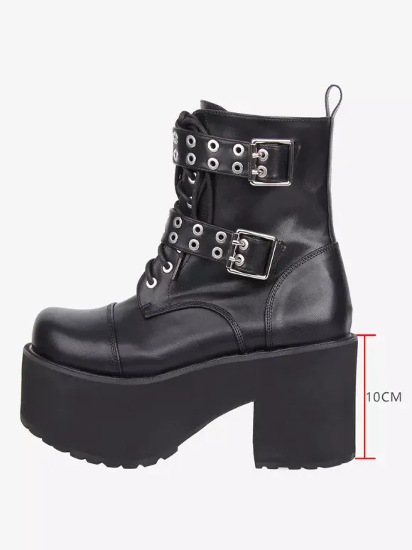 Bottes Gothic Lolita en cuir PU noir à bout rond et talon épais