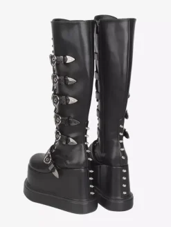 Bottes Gothic Lolita en cuir PU à bout rond et talon compensé noir