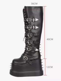 Bottes Gothic Lolita en cuir PU à bout rond et talon compensé noir