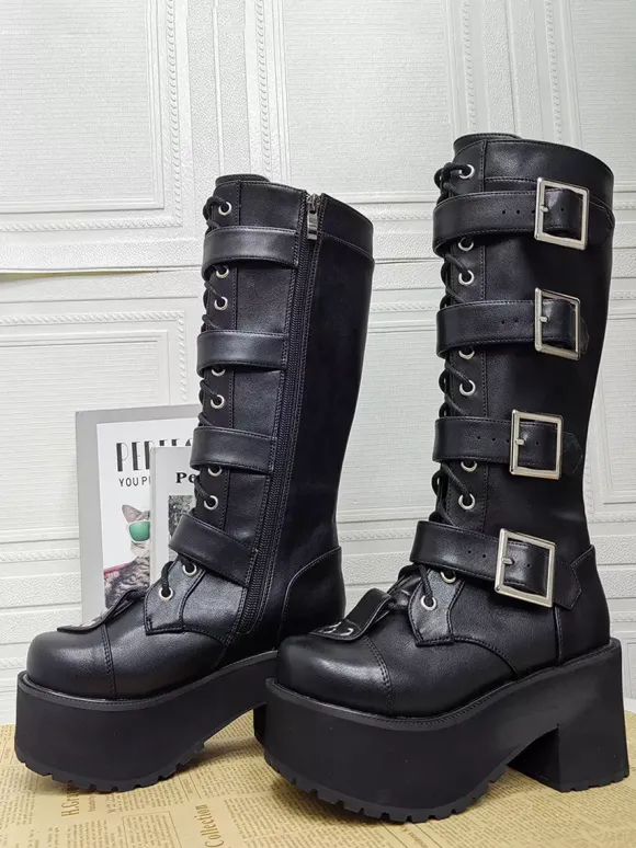 Bottes Gothic Lolita noires à bout rond en cuir PU à talon épais montantes jusqu'aux genoux