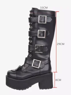 Bottes Gothic Lolita noires à bout rond en cuir PU à talon épais montantes jusqu'aux genoux